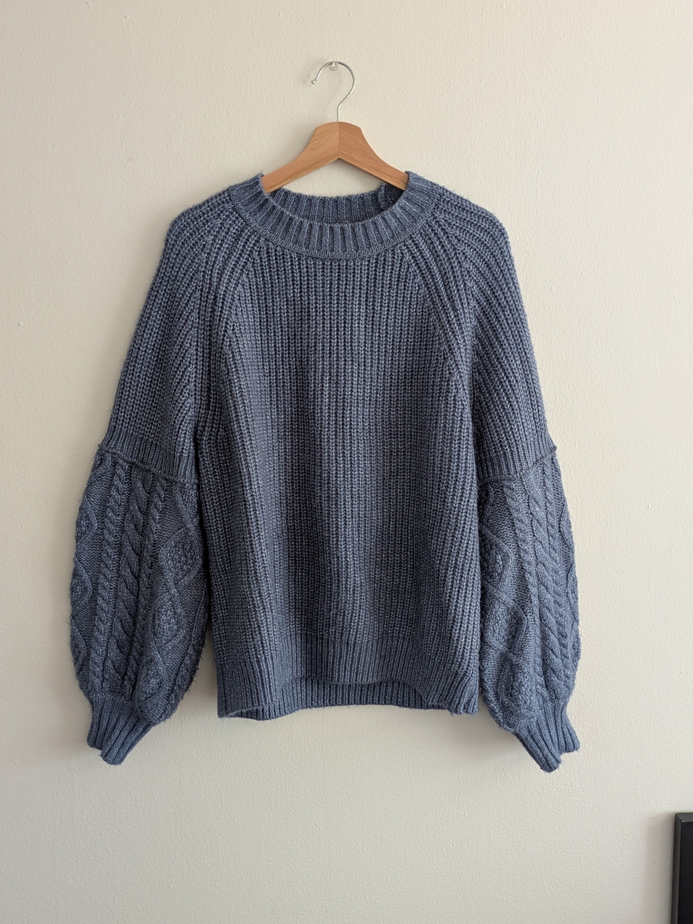 a.n.a Dusty Blue Cable Balloon-Sleeve Crewneck Sweater